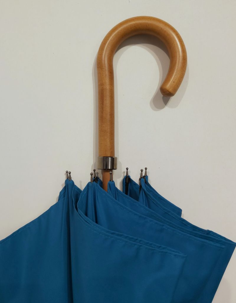  Parapluie uni bleu canne en bois naturel manuel français de qualité fait main par Piganiol - Léger & anti vent