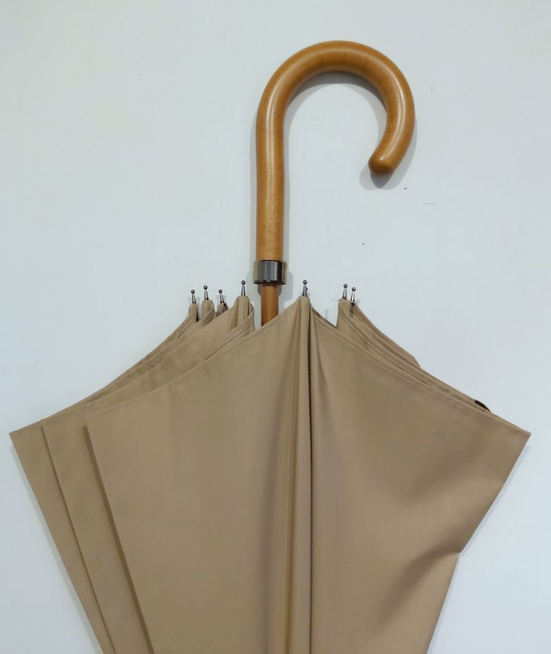 EXCLUSIF : Parapluie long bois manuel uni beige foncé français ne se retourne pas - Léger & solide