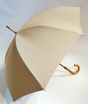 EXCLUSIF : Parapluie long bois manuel uni beige français ne se retourne pas, Léger & solide
