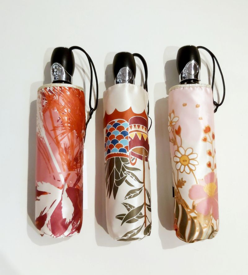 Mini parapluie pliable automatique Op/Cl rose imprimé paysages orientaux TSURU collection SPLENDOR Piganiol - léger & résistant
