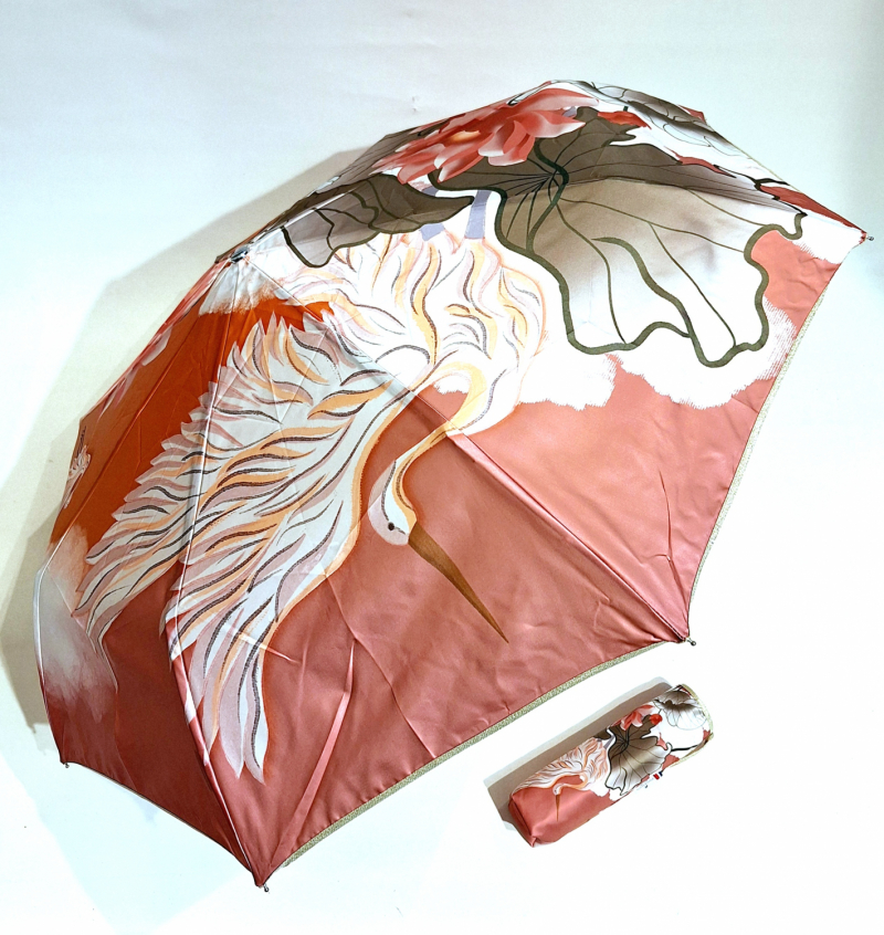Mini parapluie pliable automatique Op/Cl rose imprimé cygnes TSURU collection SPLENDOR Piganiol - léger & résistant