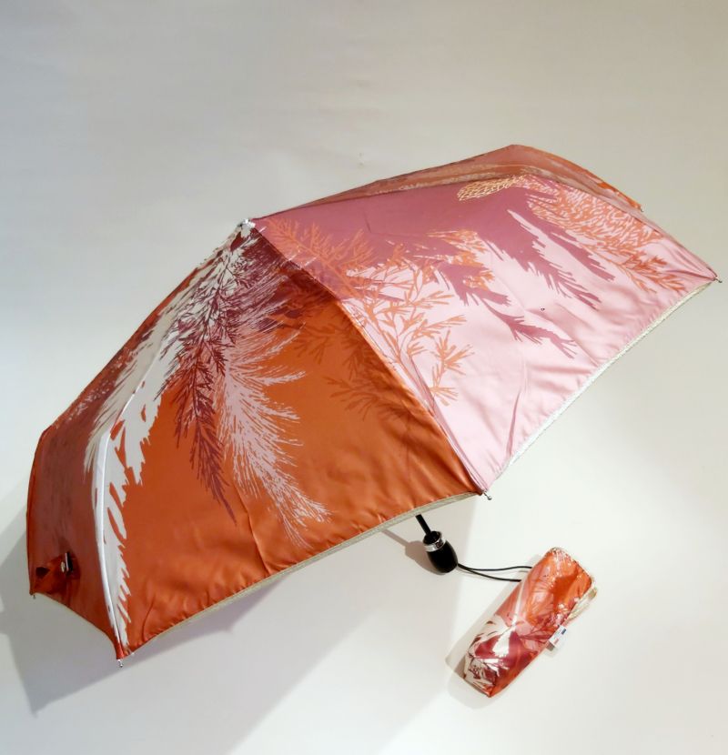 Mini parapluie pliable automatique Op/Cl rose imprimé paysages orientaux TSURU collection SPLENDOR Piganiol - léger & résistant
