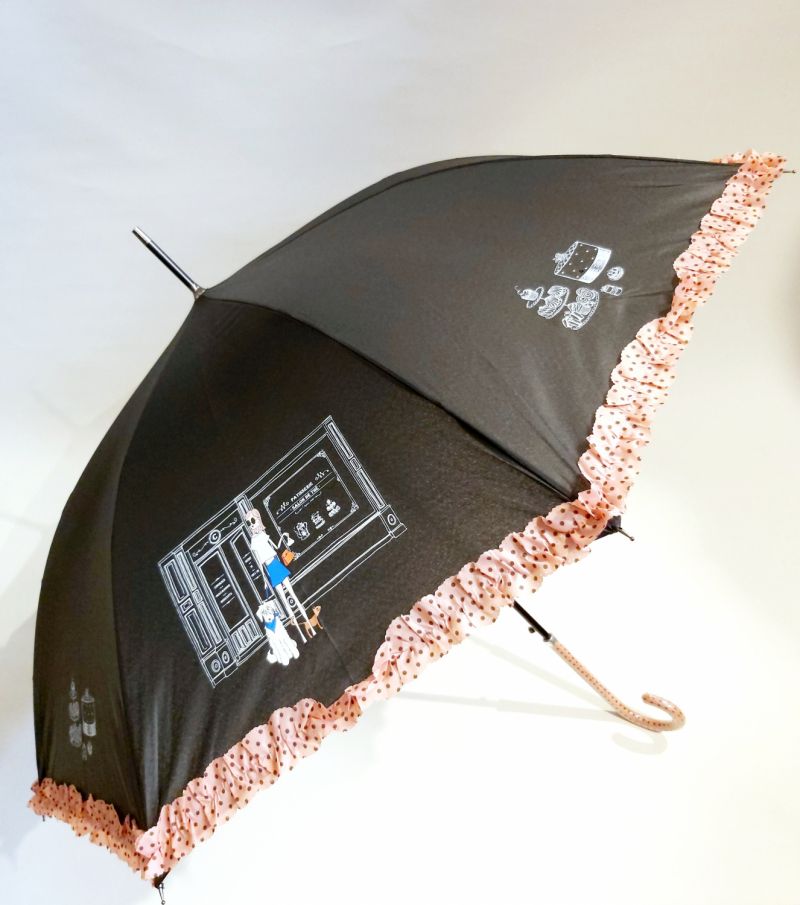 Parapluie long la patisserie et ses cakes à froufrou noir & rose, Léger & solide
