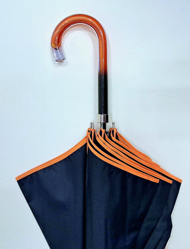 Parapluie grand Bandoulière Piganiol manuel uni bleu marine & biais ocre HACIENDA français - Classique chic & résistant