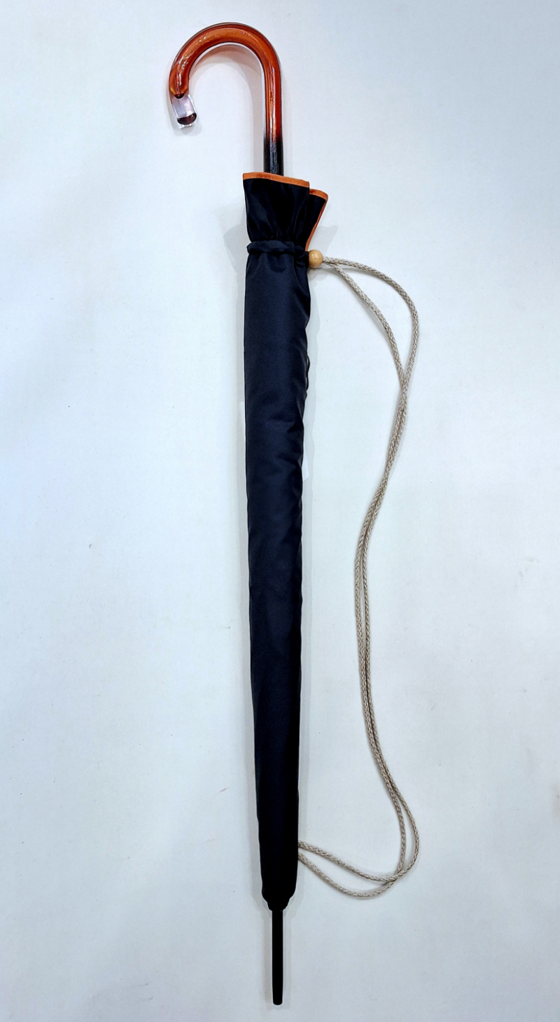 Parapluie grand Bandoulière Piganiol manuel uni bleu marine & biais ocre HACIENDA français - Classique chic & résistant