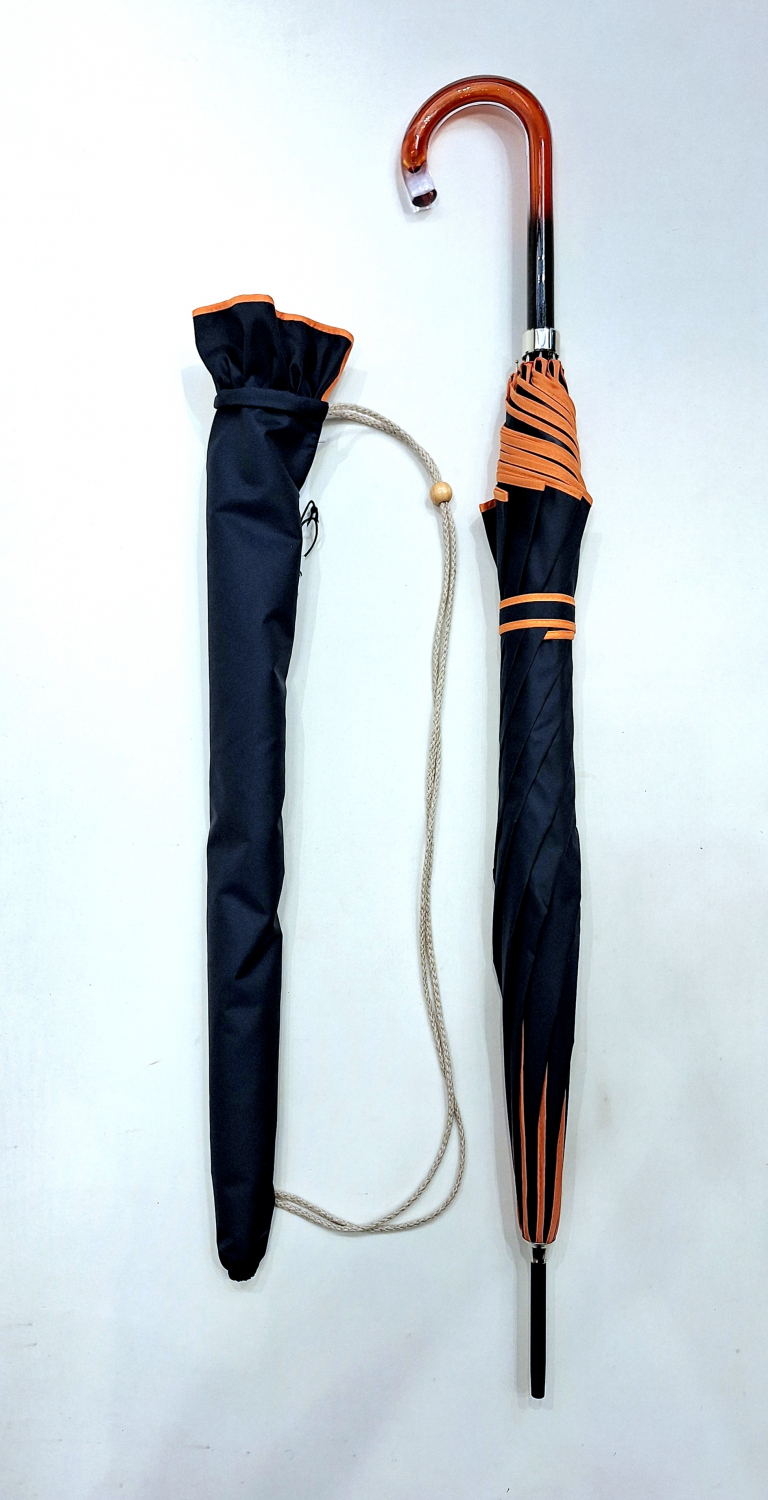 Parapluie grand Bandoulière Piganiol manuel uni bleu marine & biais ocre HACIENDA français - Classique chic & résistant