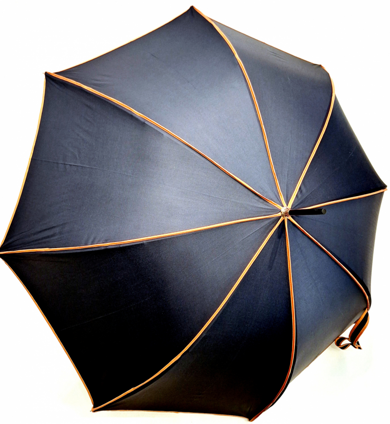 Parapluie grand Bandoulière Piganiol manuel uni bleu marine & biais ocre HACIENDA français - Classique chic & résistant