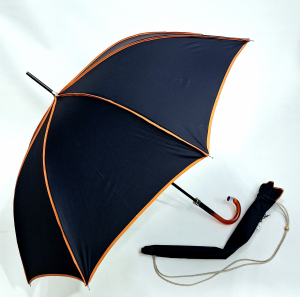 Parapluie grand Bandoulière Piganiol manuel uni bleu marine & biais ocre HACIENDA français - Classique chic & résistant