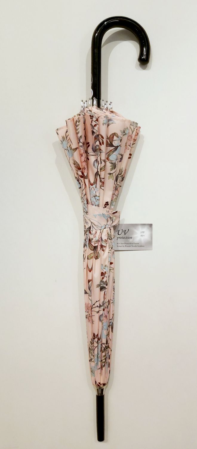 Petit parapluie long rose pastel floral 16 branches Japonisant - Anti uv à 97% & robuste