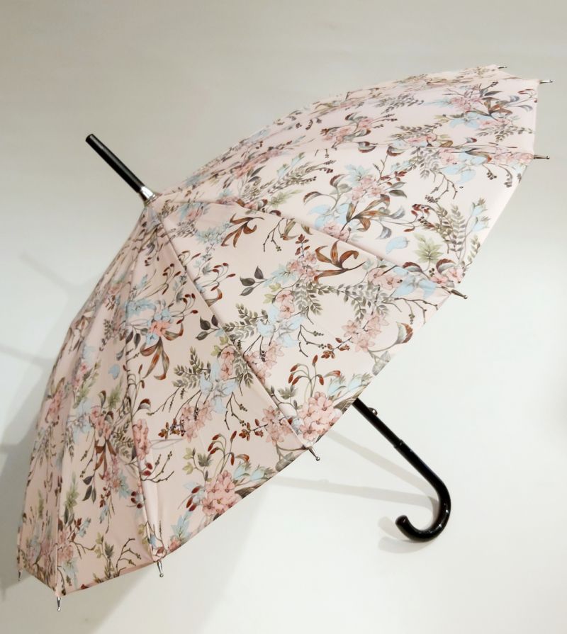 Petit parapluie long rose pastel floral 16 branches Japonisant - Anti uv à 97% & robuste