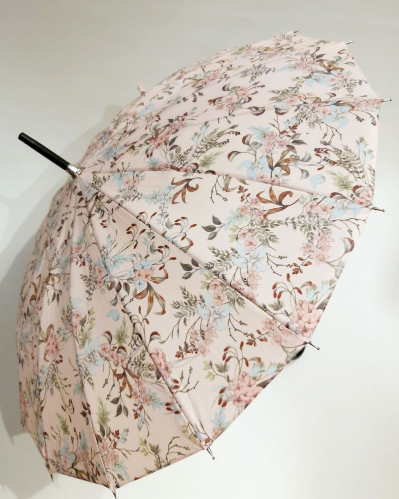 Petit parapluie long rose pastel floral 16 branches Japonisant - Anti uv à 97% & robuste