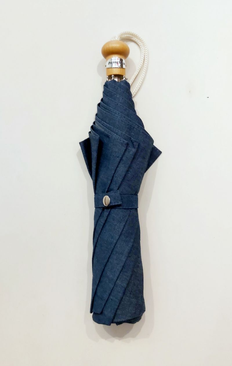  Ombrelle anti uv à 98% pliante en coton bleu Jean's poignée bois - légère & française