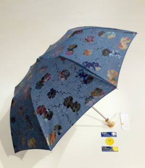  Ombrelle pliante anti uv à 98% en coton bleu Jean's à fleurs poignée bois, légère & française