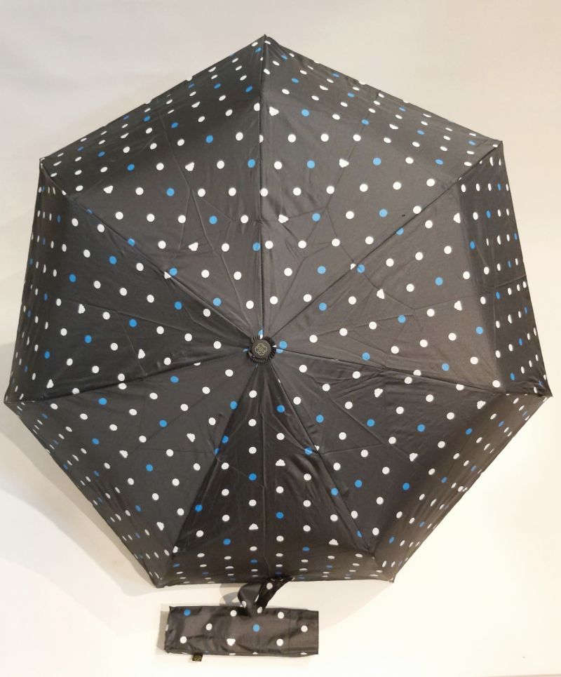  Parapluie mini pliant noir open close imprimé pois bleu blanc Smati, léger et solide 