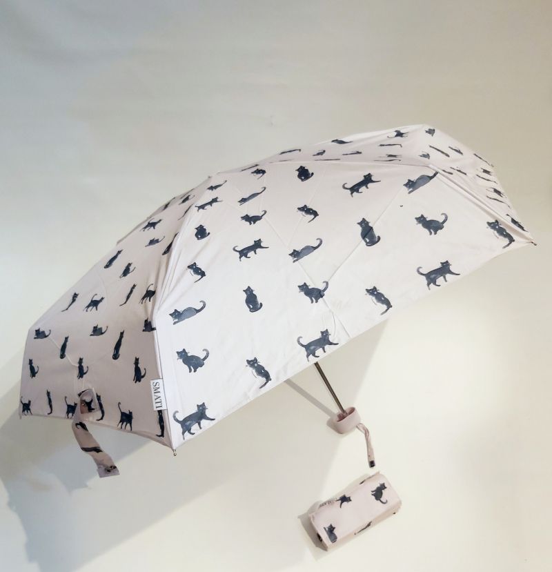 Micro parapluie de poche gris perle pliant plat imprimé chat16 cm, léger 200g & solide