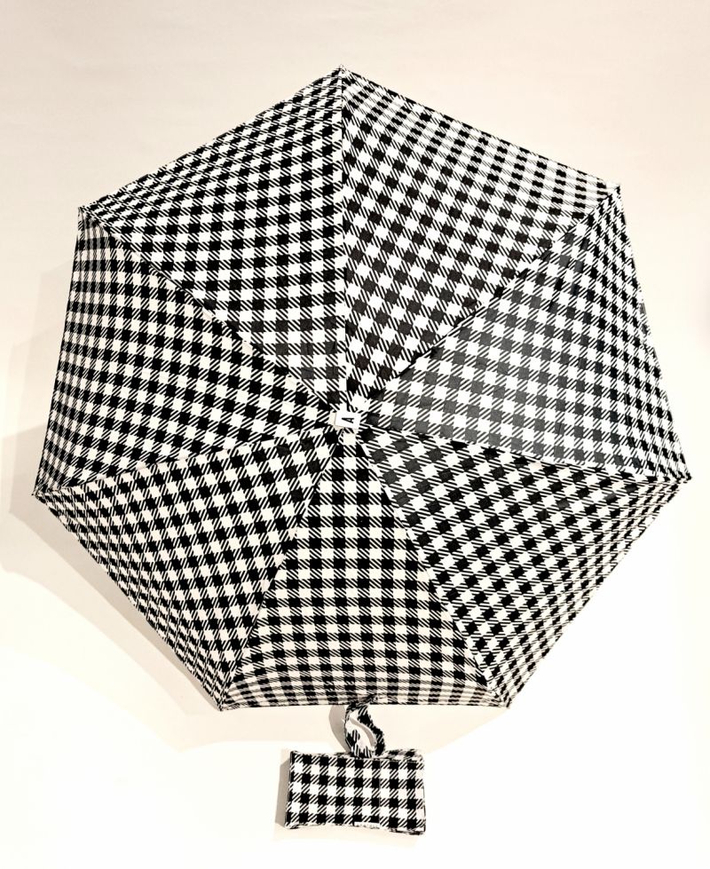  Parapluie micro plat de poche Vichy blanc et noir Kensington, léger 220g & solide 7 br TOP