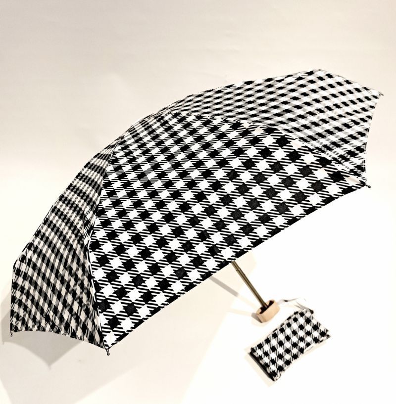  Parapluie micro plat de poche Vichy blanc et noir Kensington, léger 220g & solide 7 br TOP