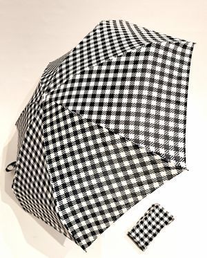  Parapluie micro plat de poche Vichy blanc et noir Kensington, léger 220g & solide 7 br TOP