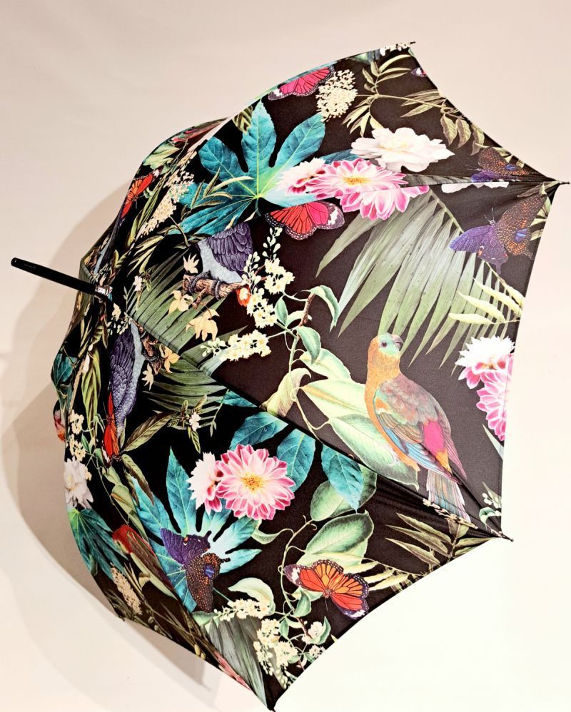 Parapluie long noir imprimé de feuillages et de perroquets Jungle - Grand & original