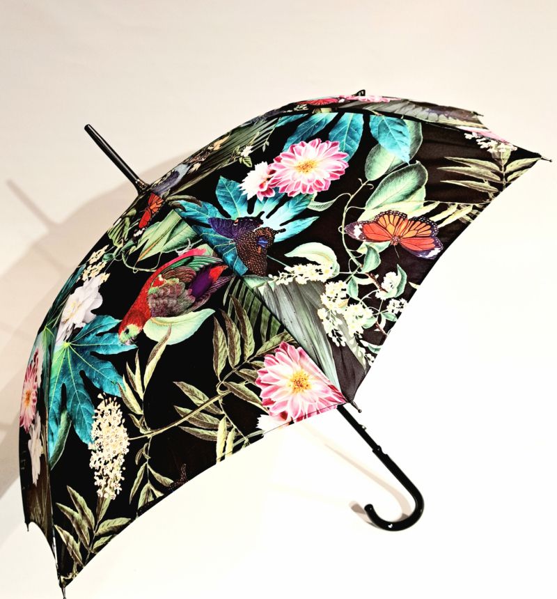 Parapluie long noir imprimé de feuillages et de perroquets Jungle - Grand & original