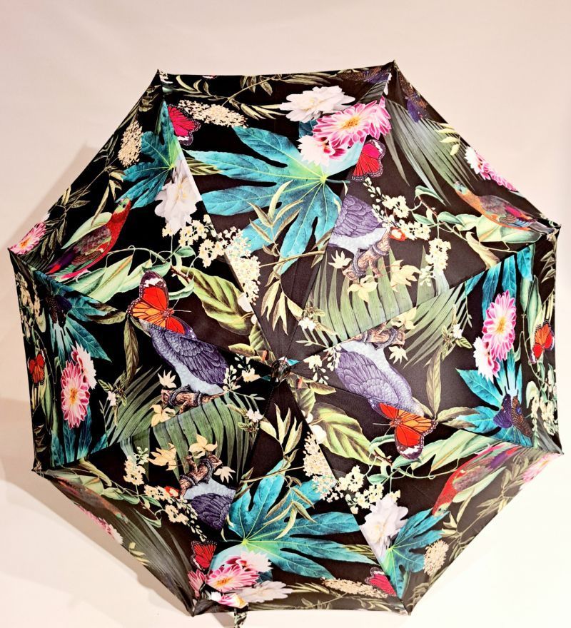 Parapluie long noir imprimé de feuillages et de perroquets Jungle - Grand & original