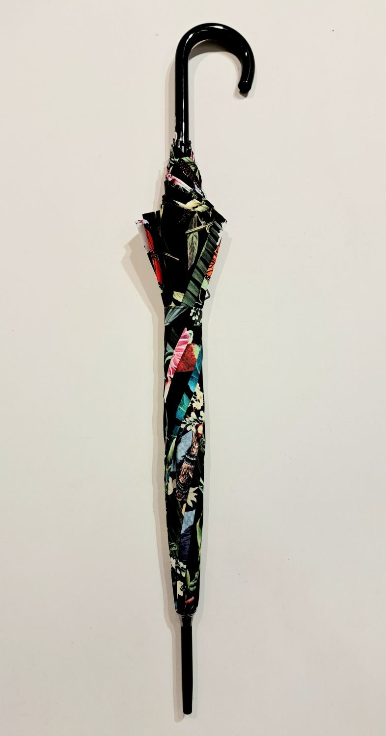 Parapluie long noir imprimé de feuillages et de perroquets Jungle - Grand & original