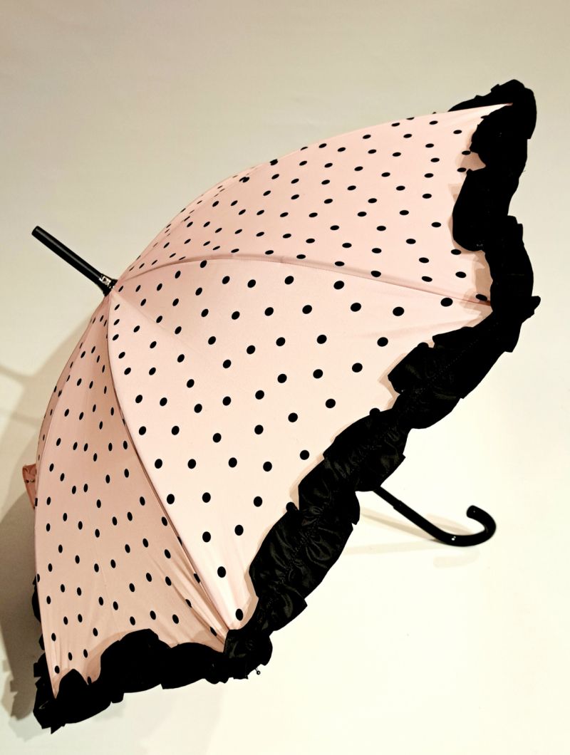 Parapluie long rose à volant noir & à pois Lillybis Français - Léger & robuste