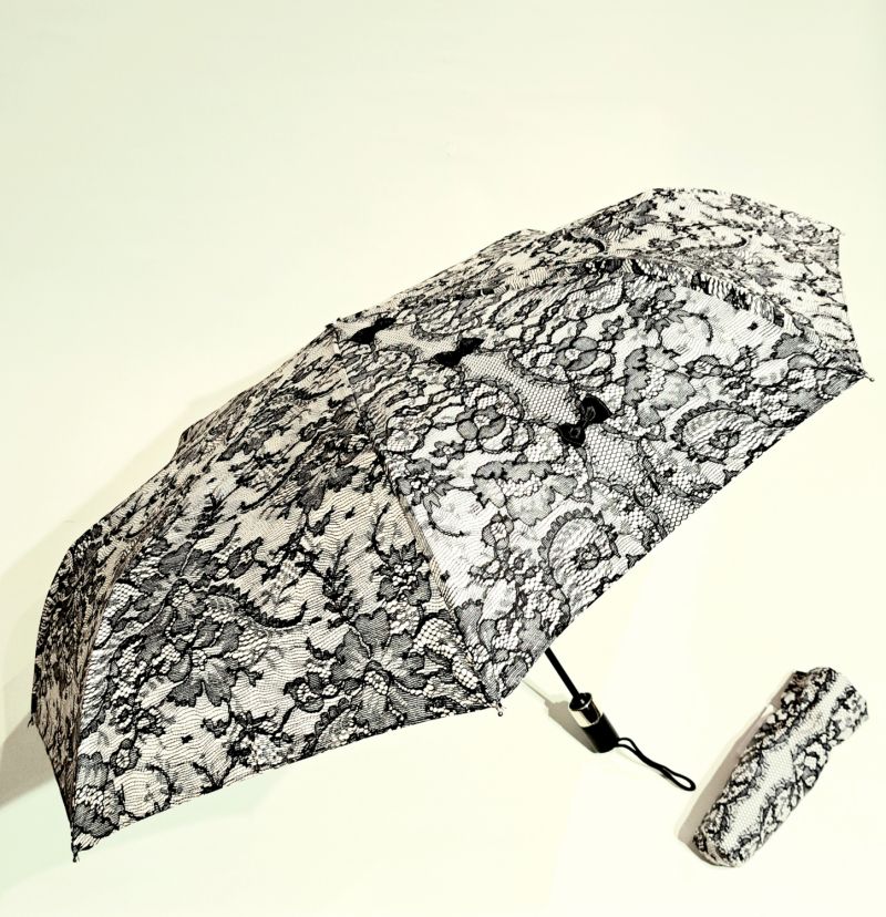 Parapluie Chantal Thomass mini pliant rose automatique dentelle & noeud noir - Léger & résistant