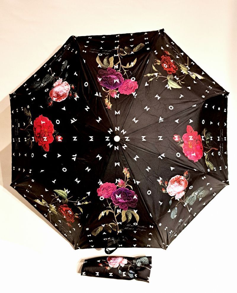 Parapluie Chantal Thomass mini pliant noir automatique imprimé d'une belle variété de roses - Léger & résistant