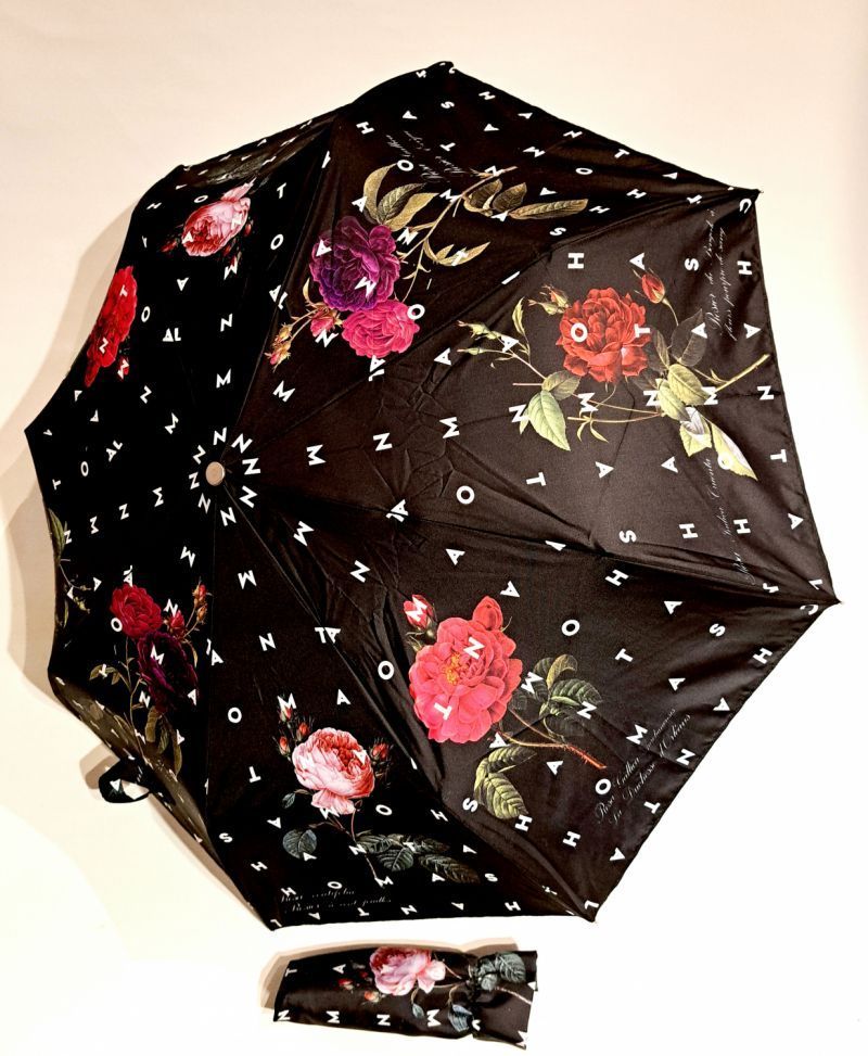 Parapluie Chantal Thomass mini pliant noir automatique imprimé d'une belle variété de roses - Léger & résistant