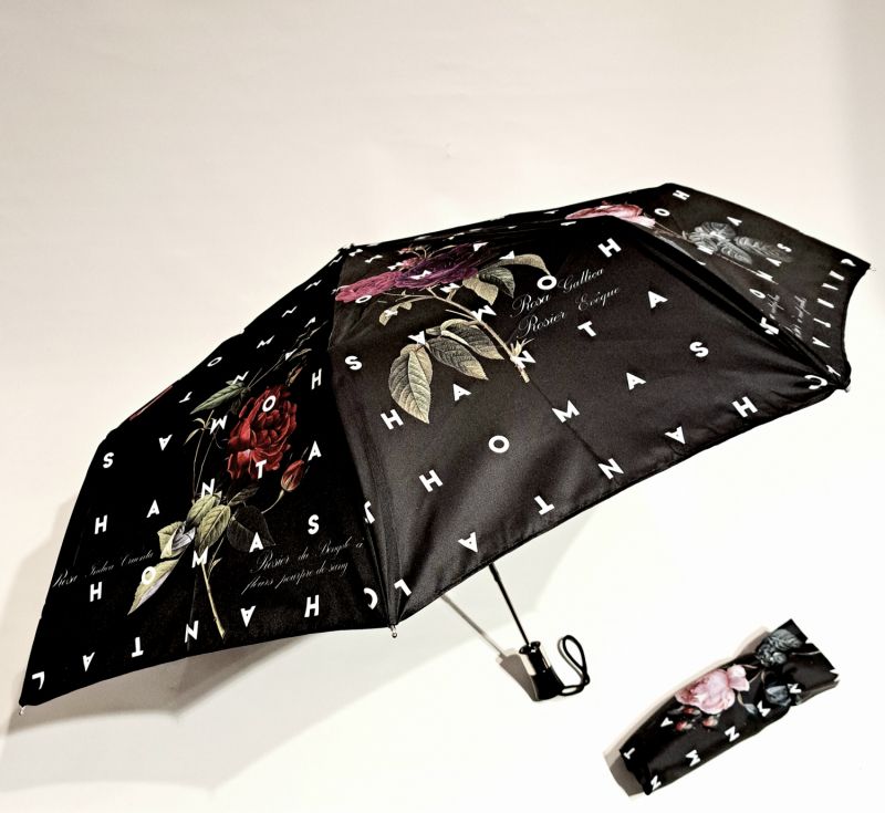 Parapluie Chantal Thomass mini pliant noir automatique imprimé d'une belle variété de roses - Léger & résistant