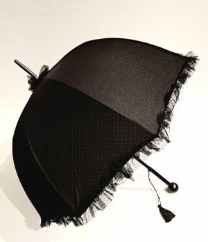 Parapluie cloche poignée droite uni noir à dentelle et tulle Emma - élégant & résistant