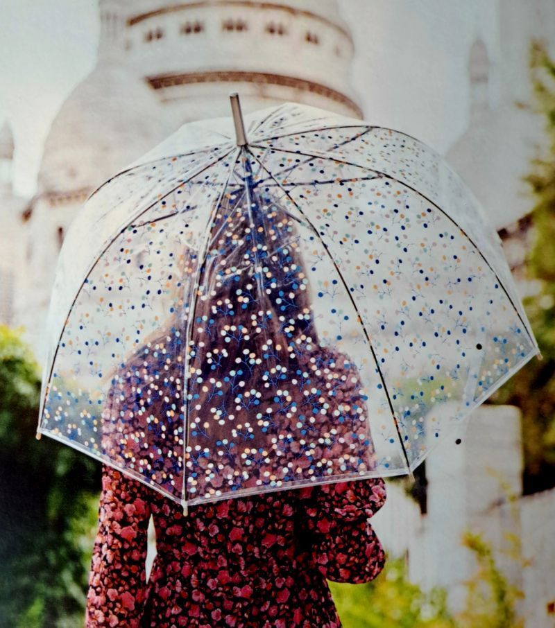 Parapluie cloche transparent automatique petites pétales colorées poignée cristallisée Bulle - léger & résistant