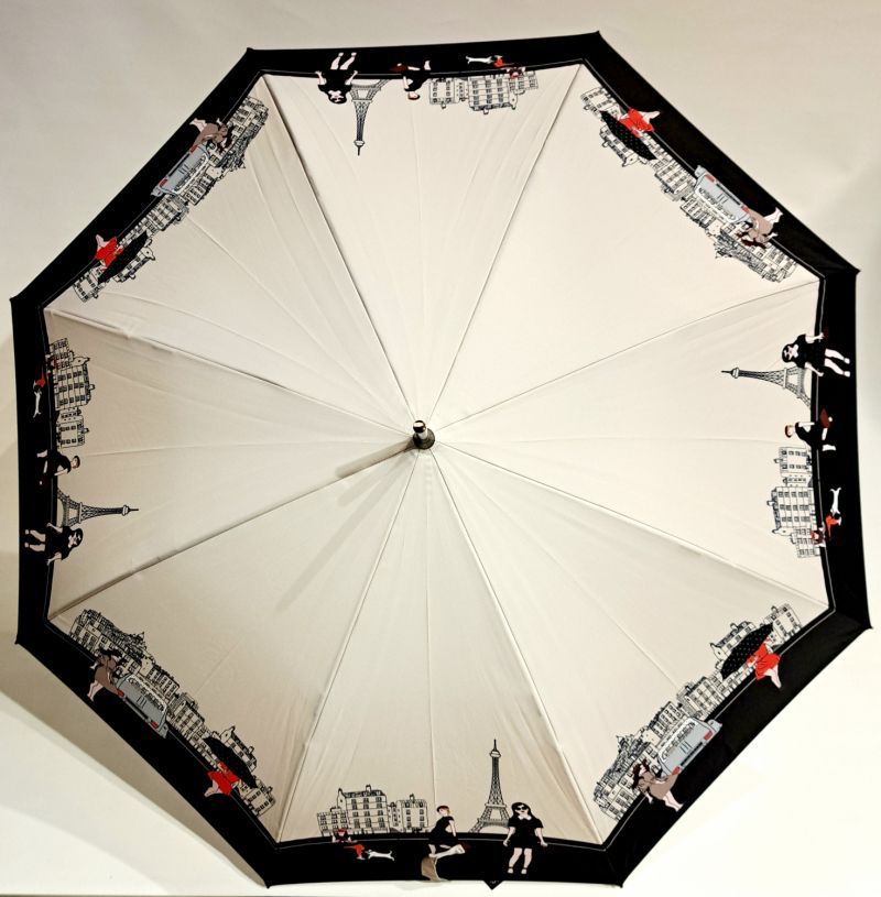 Grand parapluie long automatique beige & noir motif sur la vie parisienne Neyrat Autun - léger et solide