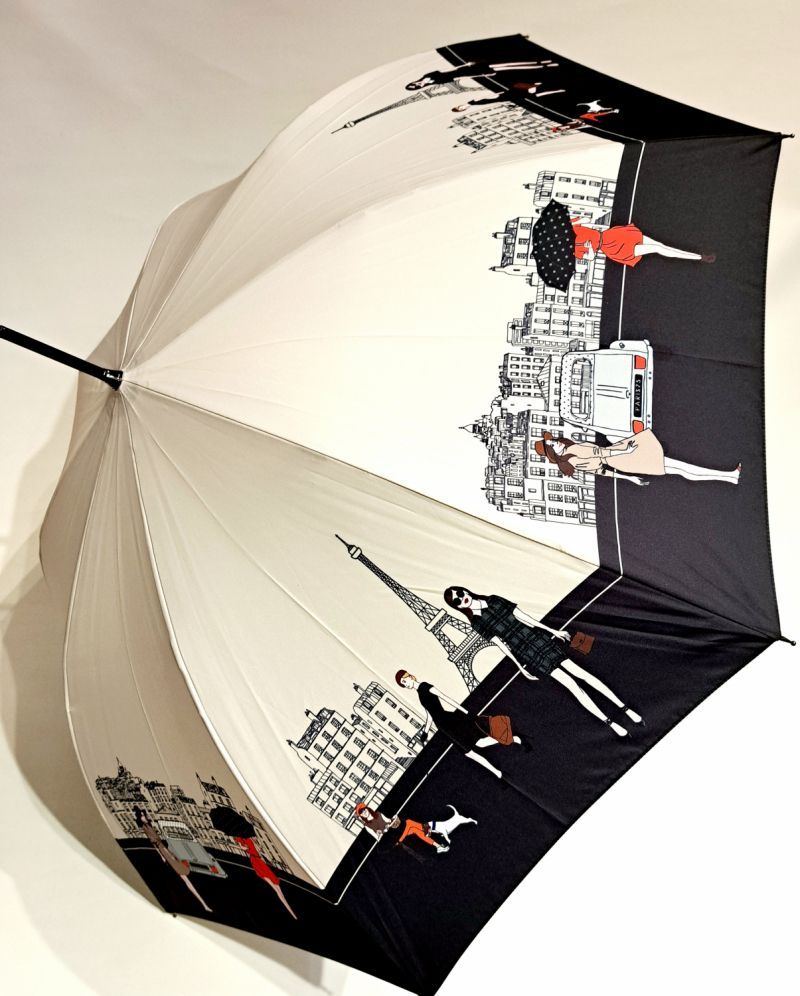 Grand parapluie long automatique beige & noir motif sur la vie parisienne Neyrat Autun - léger et solide