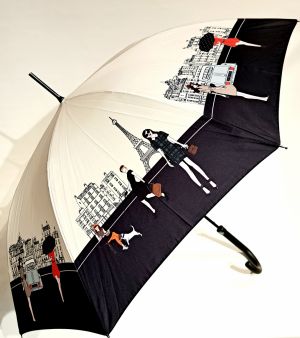 Grand parapluie long automatique beige & noir motif sur la vie parisienne Neyrat Autun - léger et solide