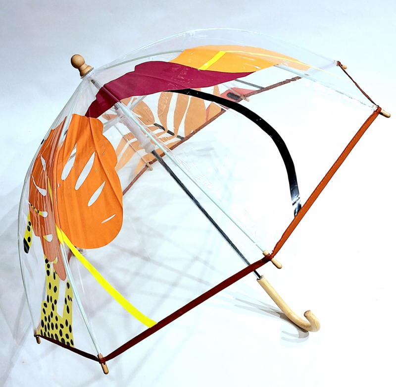 Parapluie enfant cloche transparent imprimé jungle Kerala Anatole - poignée bois - 3 ans & +