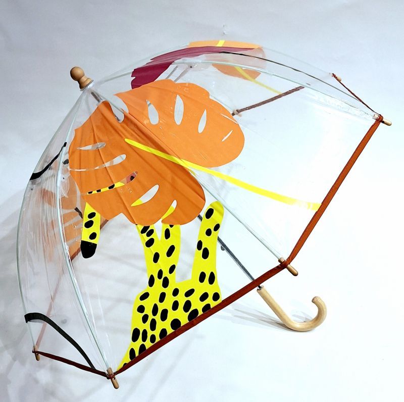 Parapluie enfant cloche transparent imprimé jungle Kerala Anatole - poignée bois - 3 ans & +