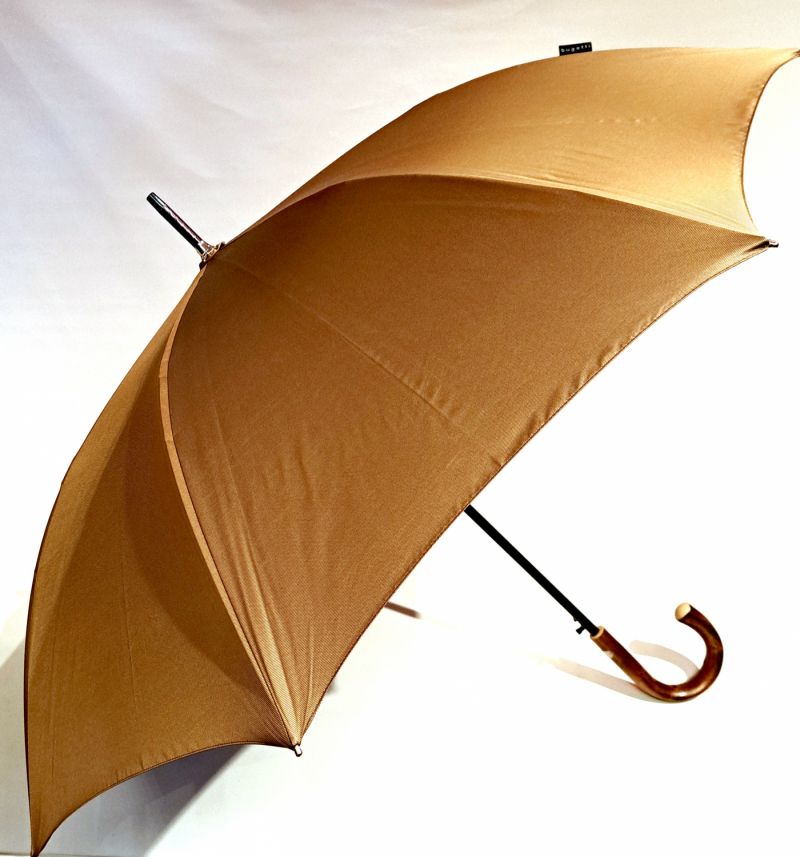Parapluie Bugatti long élégant automatique uni beige poignée bois châtaignier - Grand & résistant
