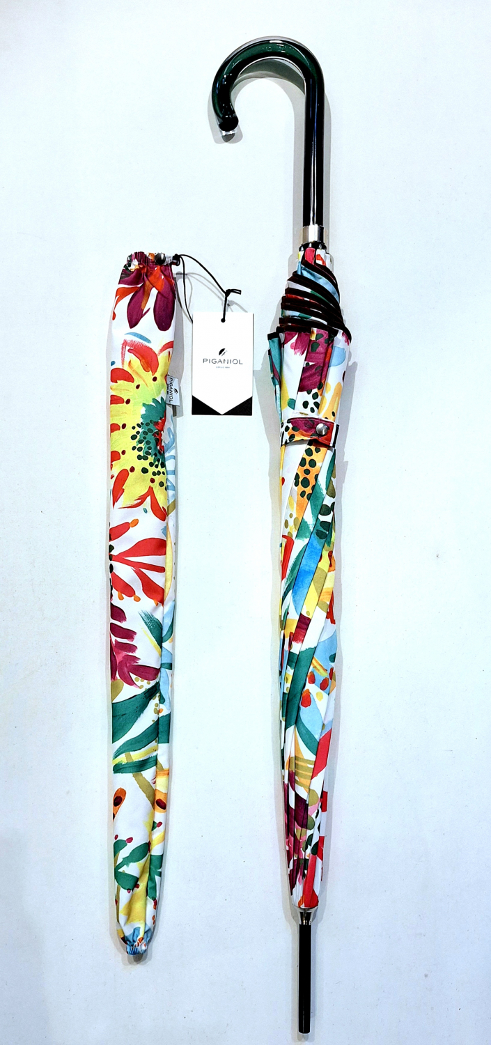 Parapluie long manuel blanc imprimé coloré de fleurs peintes français - léger & résistant