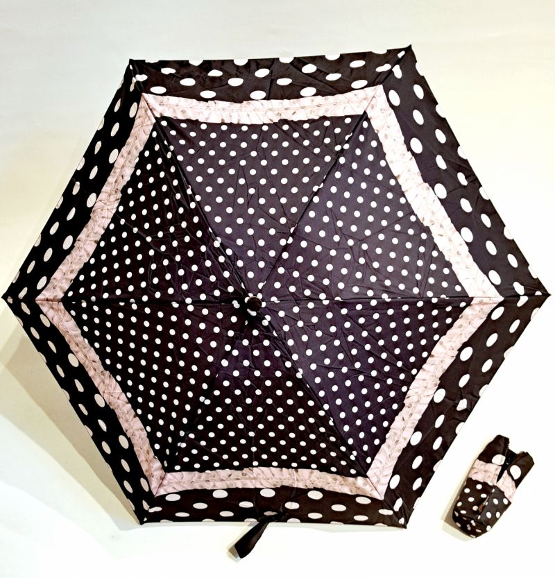  Parapluie micro pliant noir à motif pois frou frou rose open close 20cm Neyrat Français - Petit & solide