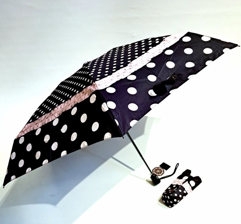  Parapluie micro pliant noir à motif pois frou frou rose open close 20cm Neyrat Français - Petit & solide