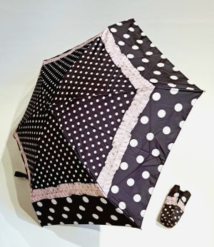  Parapluie micro pliant noir à motif pois frou frou rose open close 20cm Neyrat Français - Petit & solide