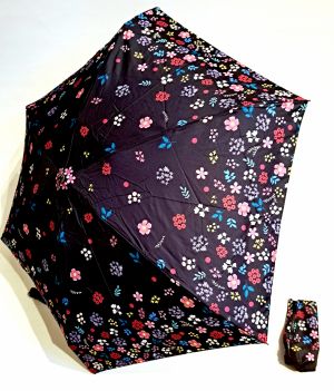  Parapluie micro pliant noir à motif fleurs folk colorés open close 20cm Neyrat Autun - Petit & solide