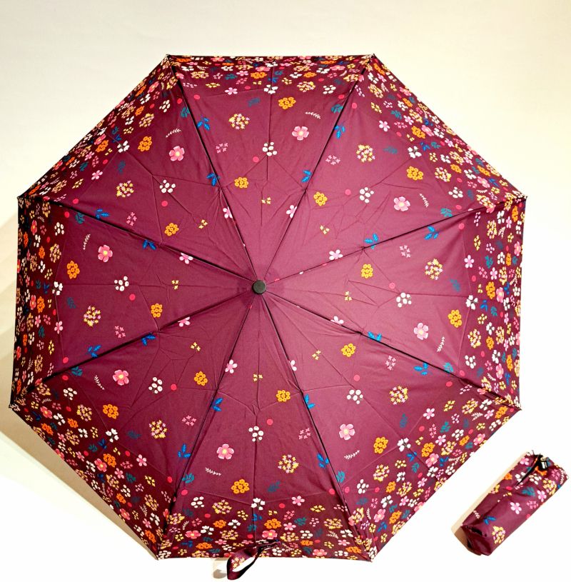  Parapluie pliant bordeaux à motif fleurs folk colorés open close Neyrat Autun - Qualité & solide