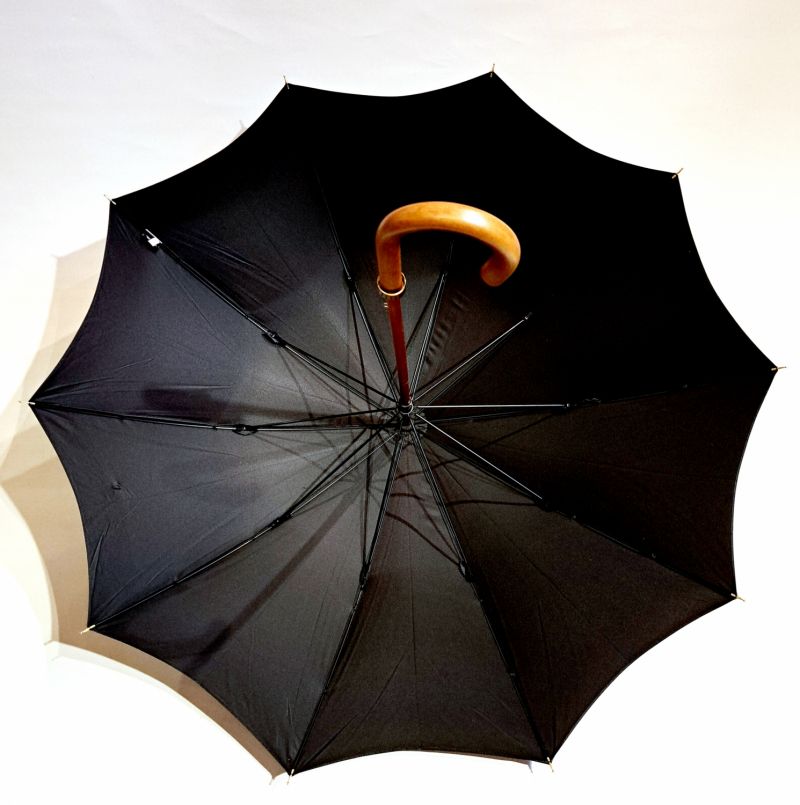 Parapluie élegant grand manuel uni noir poignée Jonc Malacca 10 branches Français - grand et résistant