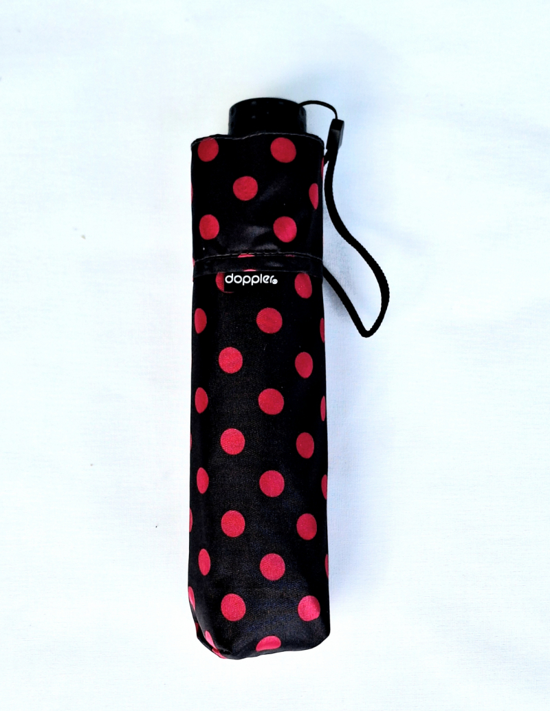 Parapluie Doppler PLUME mini Fiber Havanna noir imprimé à pois rose - Ultra léger 100g & Pas cher