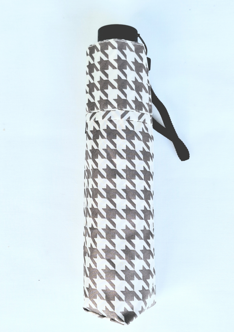 Parapluie Doppler PLUME mini Fiber Havanna imprimé pied de poule blanc & taupe - Super léger 140g & Pas cher