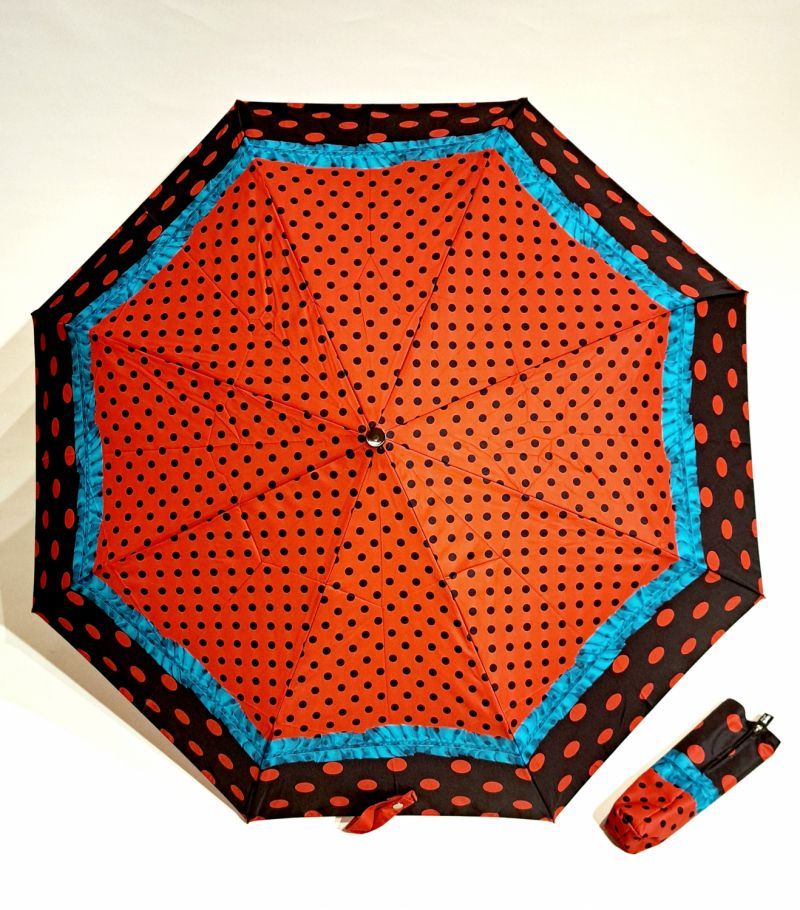 Parapluie pliant rouge imprimé à pois et son froufrou ouvrant & fermant Neyrat Autun - Qualité & solide