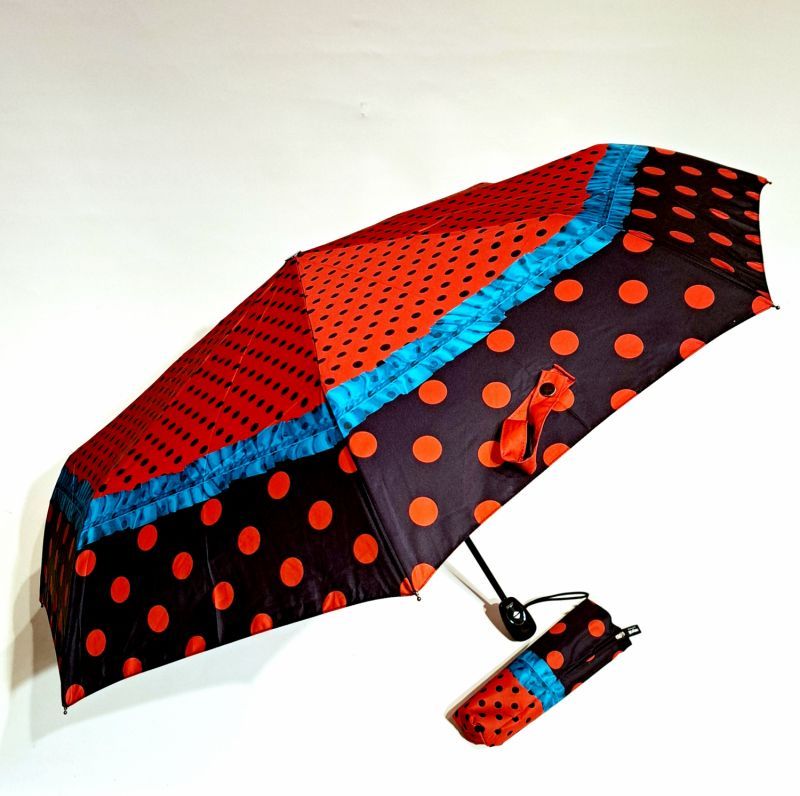 Parapluie pliant rouge imprimé à pois et son froufrou ouvrant & fermant Neyrat Autun - Qualité & solide